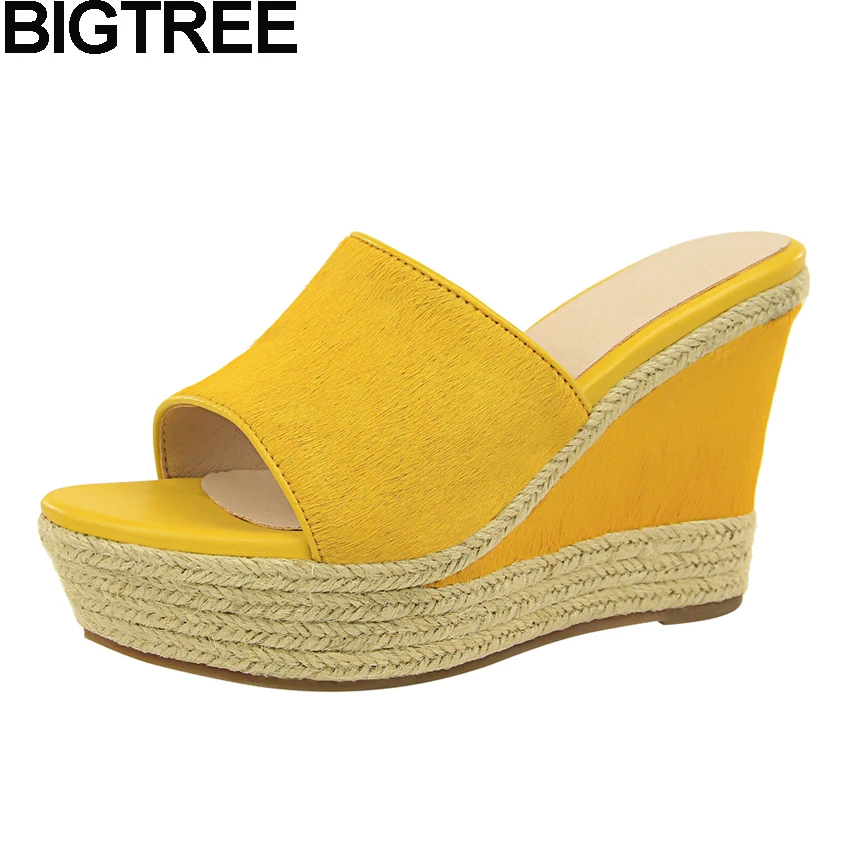 

BIGTREE 2018 Summer Autumn Women Slippers Mules Platform Wedge Heel Sandals Faux Fur Straw Hemp Rope Fisherman Shoes Espadrilles