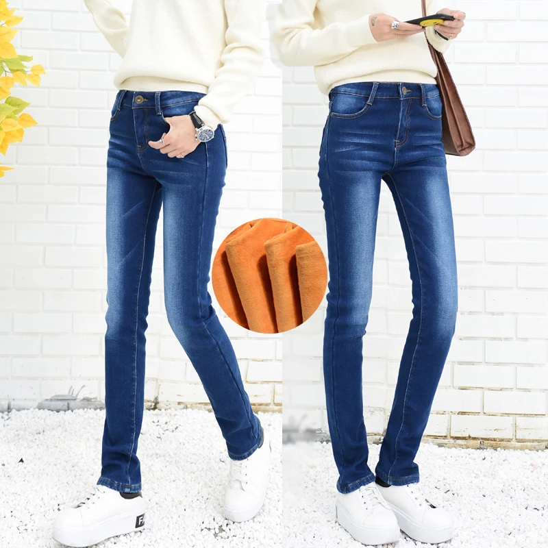 

Brand Clothing Warm Jeans For Women Thick Fleece Pants Winter Long Jeans Stretch Straight High Waist Jeans Femme Denim Trousers
