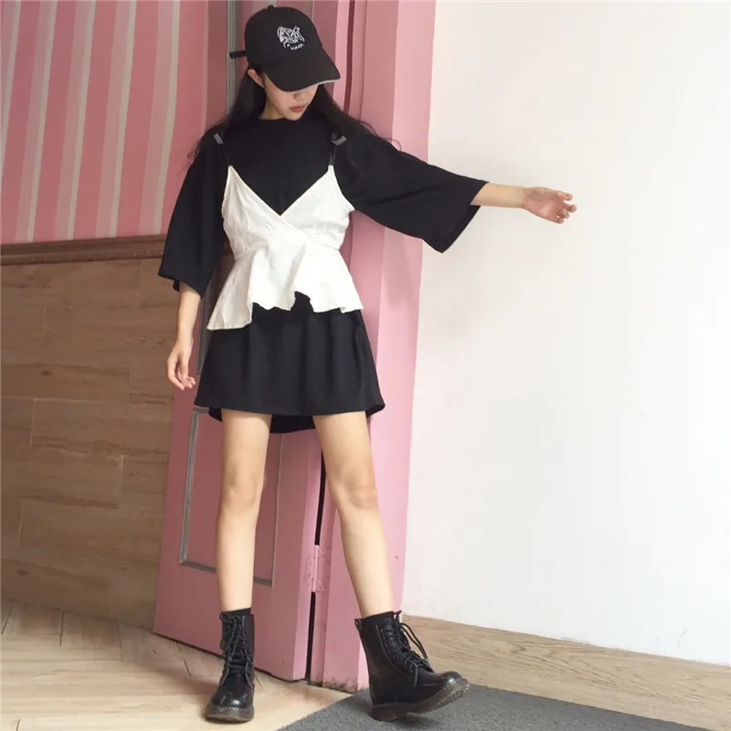 Харадзюку модные черные женские футболки Летние японские готические винтажные повседневные топы уличная одежда Большие размеры женские тонкие футболки