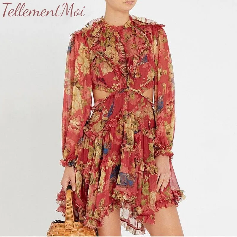 

Sexy Print Dress Female Chiffon O Neck Hollow Out Lantern Long Sleeve Dress Backless High Waist Mini Dresses Summer Fashion New