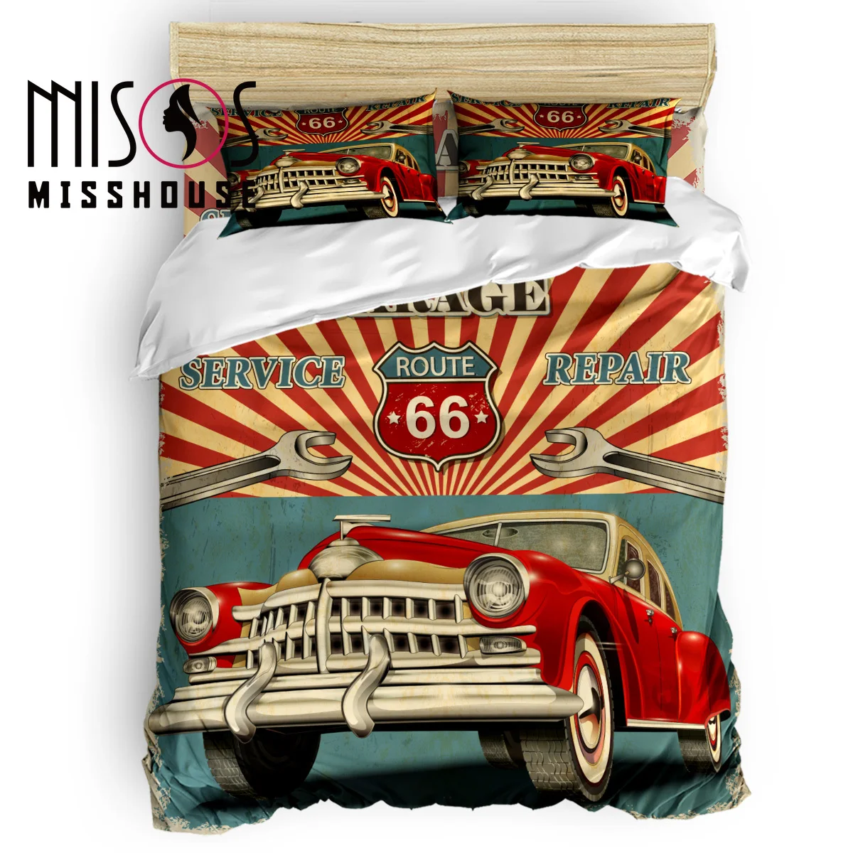 

MISSHOUSE Classic Poster Retro Car Route 66 Duvet Cover Set Bed Sheets Comforter Cover Pillowcases 4pcs Bedding Sets