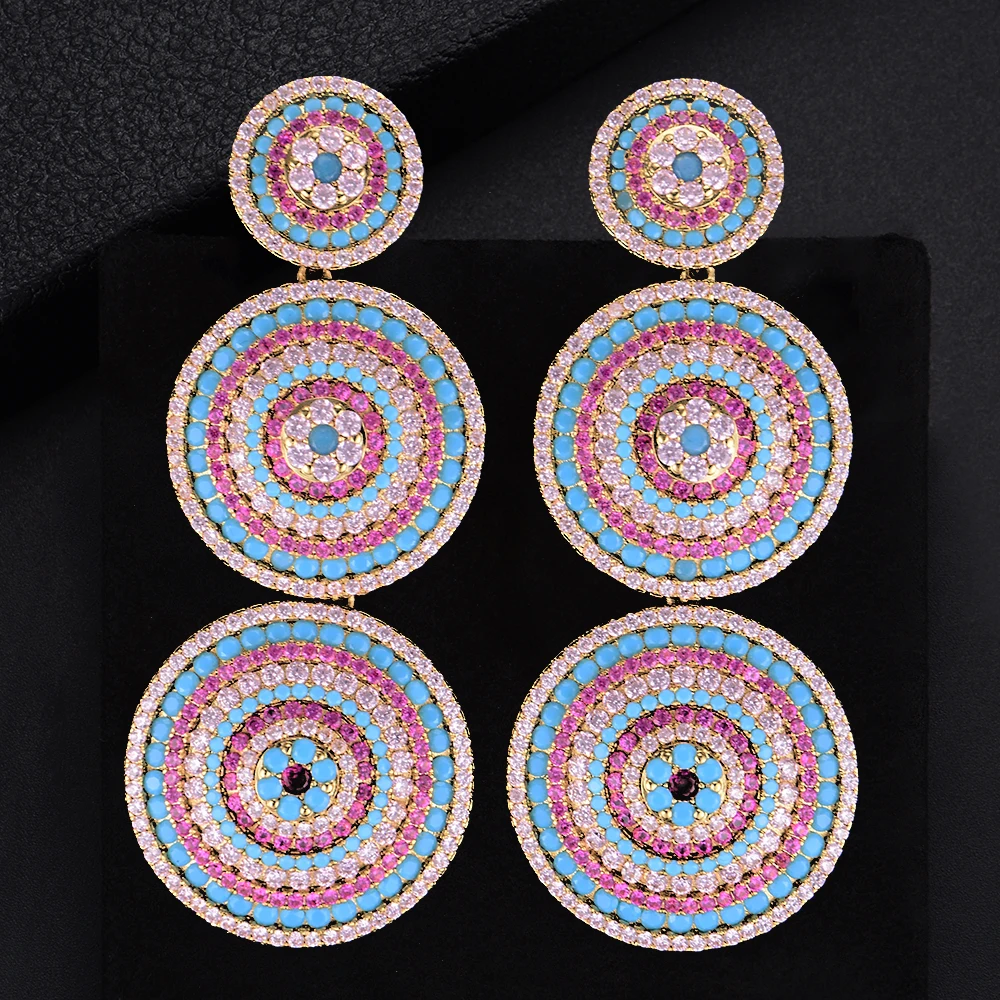 

GODKI 69mm Multicolor Three Round Buckle Full Cubic Zirconia Engagement Party Drop Dangle Earrings Jewelry For Women Wedding2018