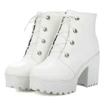 

Size33-43 Female Black White Red Winter Shose Women Lace-up Ankle Boots Lady Career Dress Shoes Woman Platform 9CM Heels Shoes