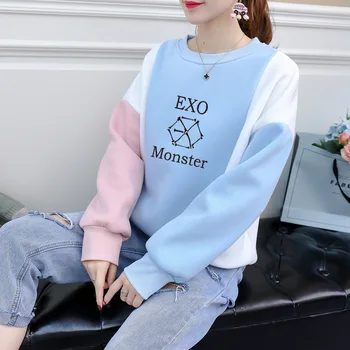 

kpop EXO cotton Harajuku loose splices long sleeves blue hoodies women EXO new korean Round Collar sweatshirts women clothes
