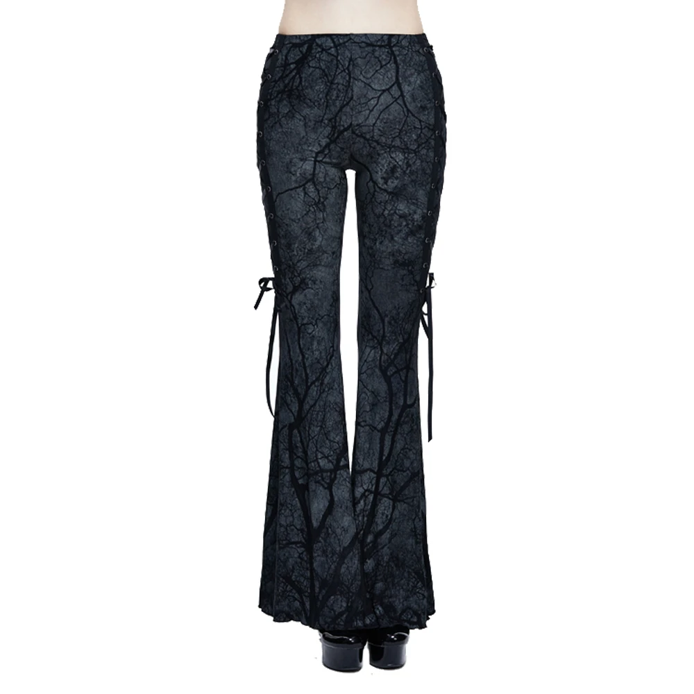 

Punk Women's Bell-bottom Trousers Gothic Branch Printed Stretch Flare Pants Lace-up Slim Fit Bodycon Pants