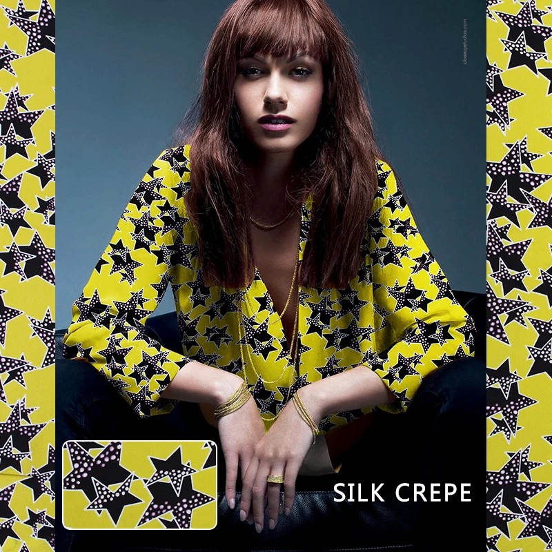 12momme 112 см ширина желтые маленькие звезды печатные летние DIY платье рубашка одежда ткань шелк тутового шелкопряда крепдешин