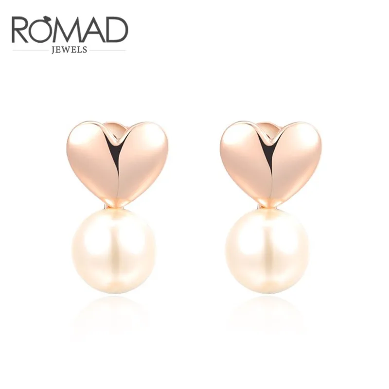

ROXI ROMAD Brand Rose/White/Yellow Gold Color Pearl Drop Earrings For Women Heart Dangle Earrings Wedding Bridal Jewelry Gift