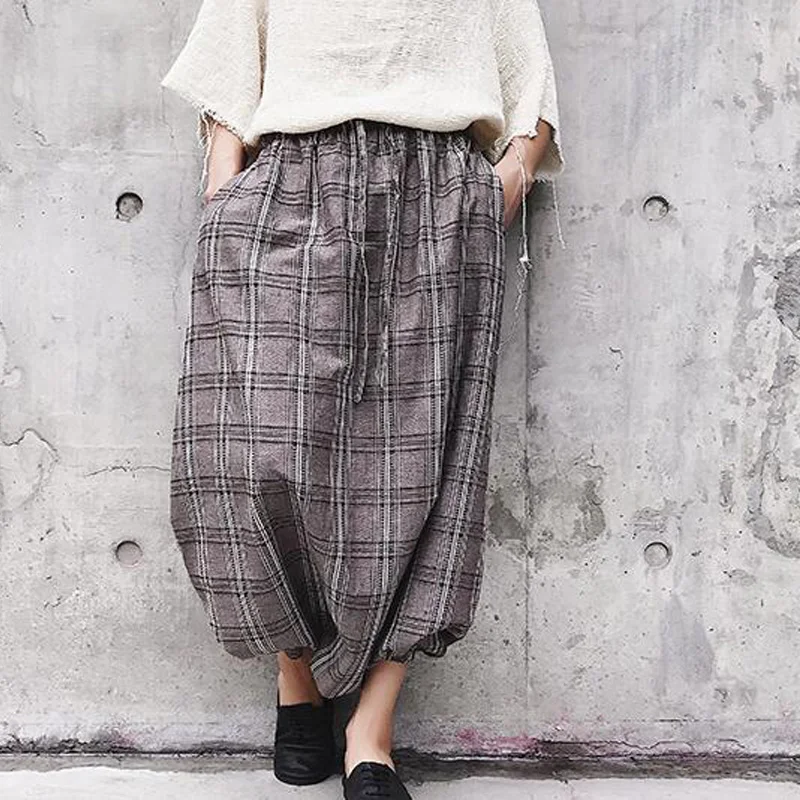 Men Grid Low Crotch Casual Pants Cotton Linen Gypsy Hippy