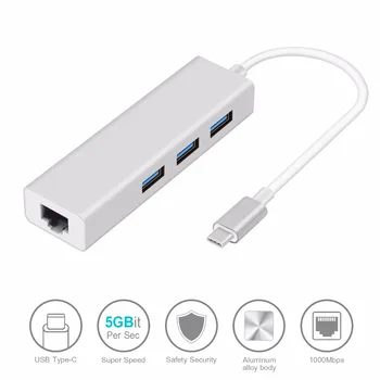 

3 Ports USB Type C To USB 3.0 HUB 10/100/1000 Network Card USB C HUB Gigabit Ethernet Rj45 Lan Adapter For MacBook ChromeBook