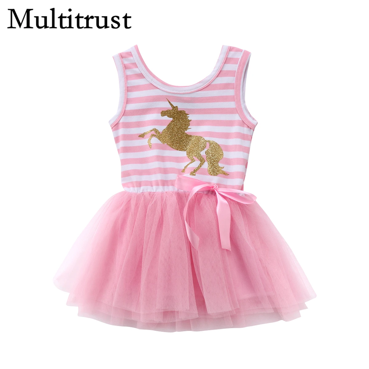 Multitrust Марка довольно маленькая девочка Единорог летнее платье без рукавов в полоску Розовый Сетка Тюль вечерние свадебное платье-пачка