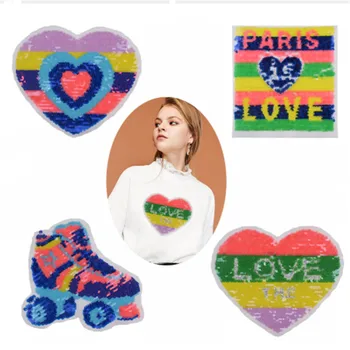 

Rainbow Heart Patches For Backpack Love Heart Skate Shell Stripe Reversible Change Color Sequins Sew On Clothes Sticker Garment