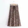 2018 New Women Vintage leopard printing pleated midi skirt faldas mujer ladies elastic waist sashes chic mid-calf skirts QUN119 1