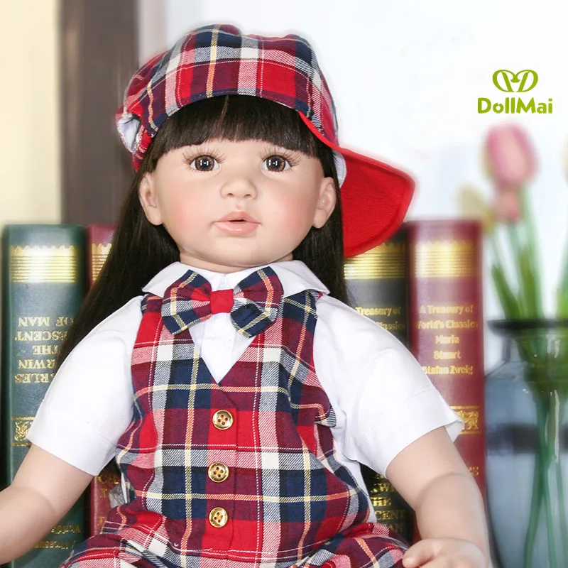 

60cm Silicone Reborn Baby Doll Kids Playmate Gift wear Plaid clothes for Girls Baby Alive Soft Toys for Bouquets Doll Bebe Rebor