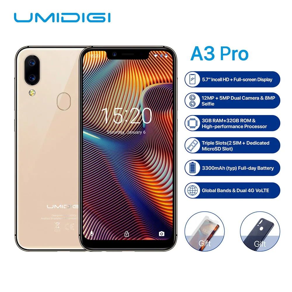 UMIDIGI A3 Pro мобильный телефон, глобальная полоса, 5,7 дюймов, 19:9, полный экран, 3 Гб+ 32 ГБ, Android 8,1, 12 МП, разблокировка лица, двойной 4G смартфон