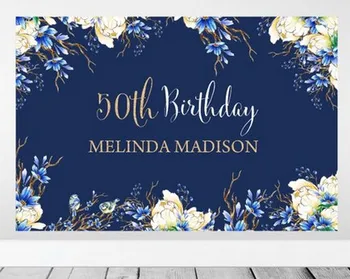 

Custom Romantic Navy Spring Flower Leaves Peony Gold 40th 50th Birthday photo backdrop Computer print party background