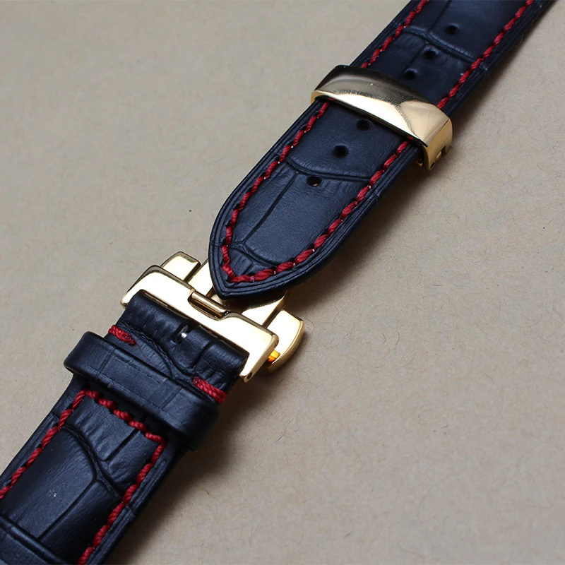 20mm 22MM Hot Sell Men Lady Black leather Watch Band with Gold