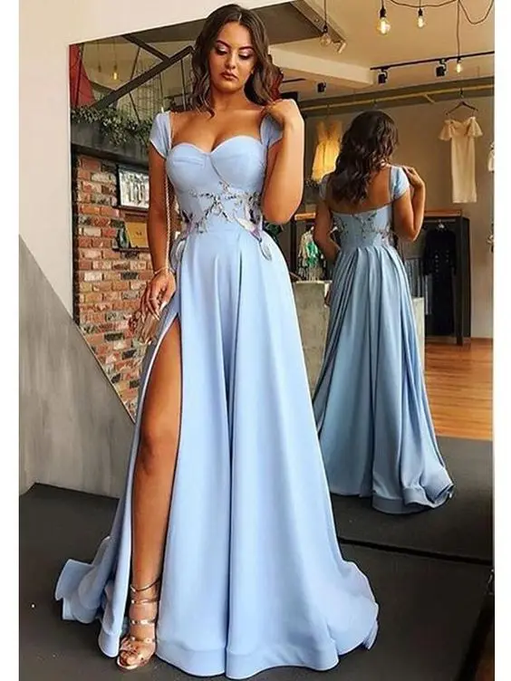 

Light Blue Muslim Evening Dresses 2019 Cap Sleeve A-Line Satin High Leg Slit Dubai Arabic Long Elegant Evening Gown Prom Dress