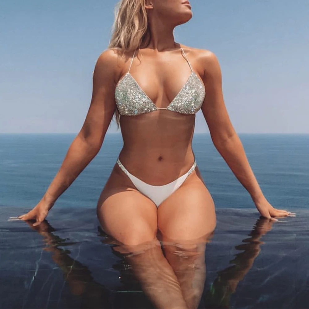 Sexy Shiny Bikini Set Bling Swimsuit White Bikinis Women Bandeau Swimwear 2018 Beach wear Push Up Biquini Femme Maillot De Bain
