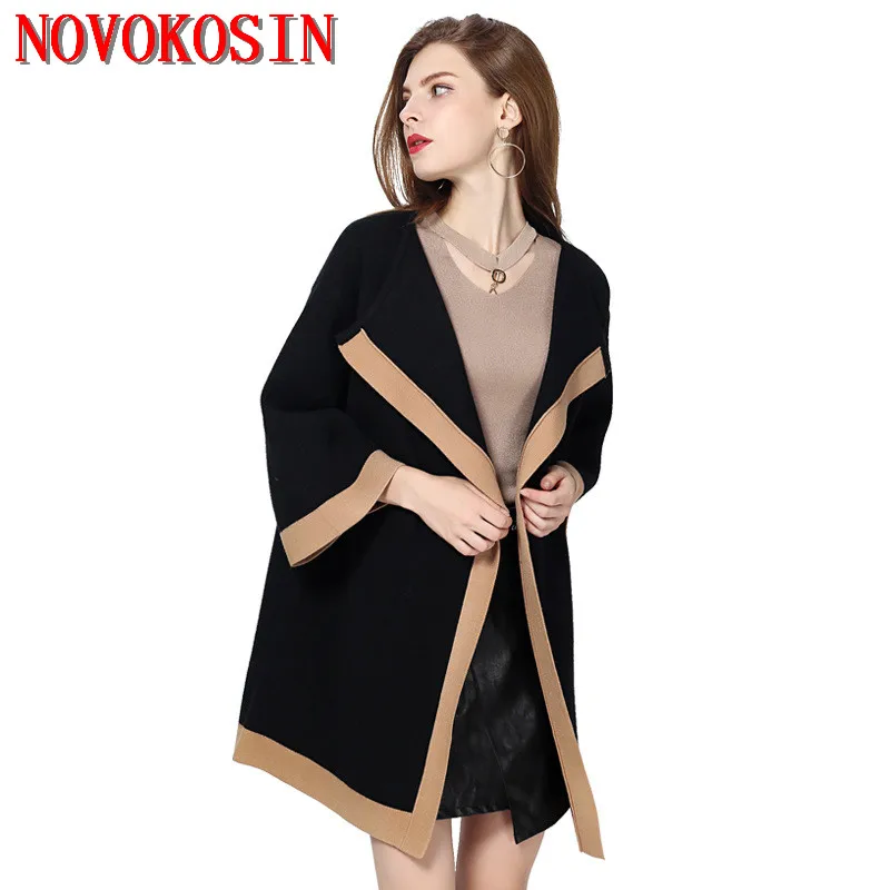 

SC166 2018 Oversize Spring Patchwork Women Cardigan Designer Female Bat Sleeves Open Stitch Trench Hit Color Long Knitted Coat