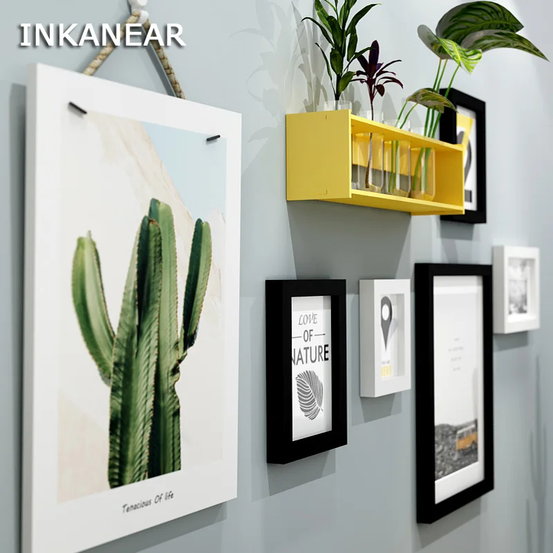 #*Cheap Modern Fashion Cactus Painting Photo Frame Set with Shelf Solid Wood Home Decor Wall Decoration Board HF9814