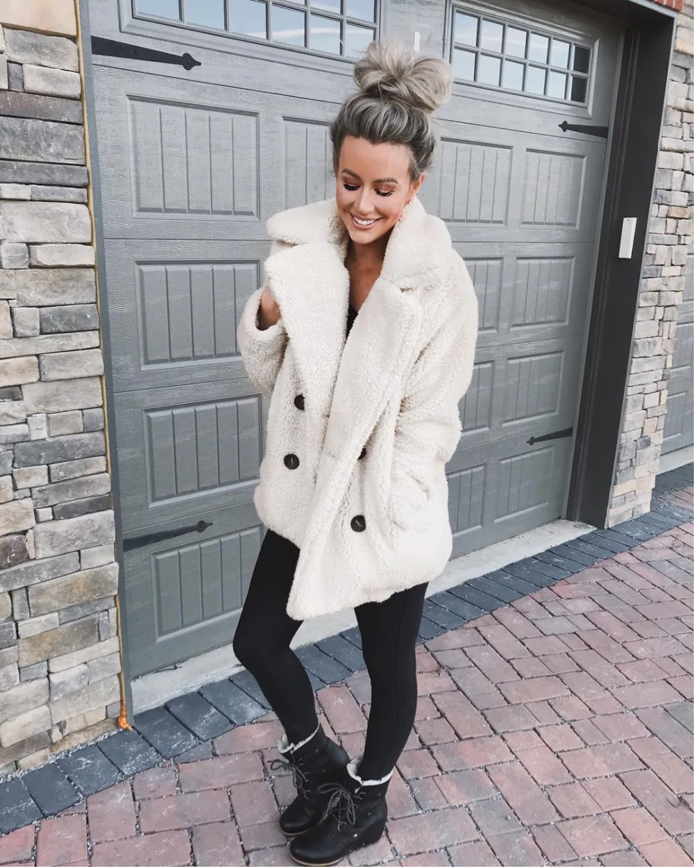 

2018 Women Notched Faux Fur Jacket With Faux Fur Lining - Fall/Autumn Winter Ladies/Female Warmer Short Butoned Worsted Coat