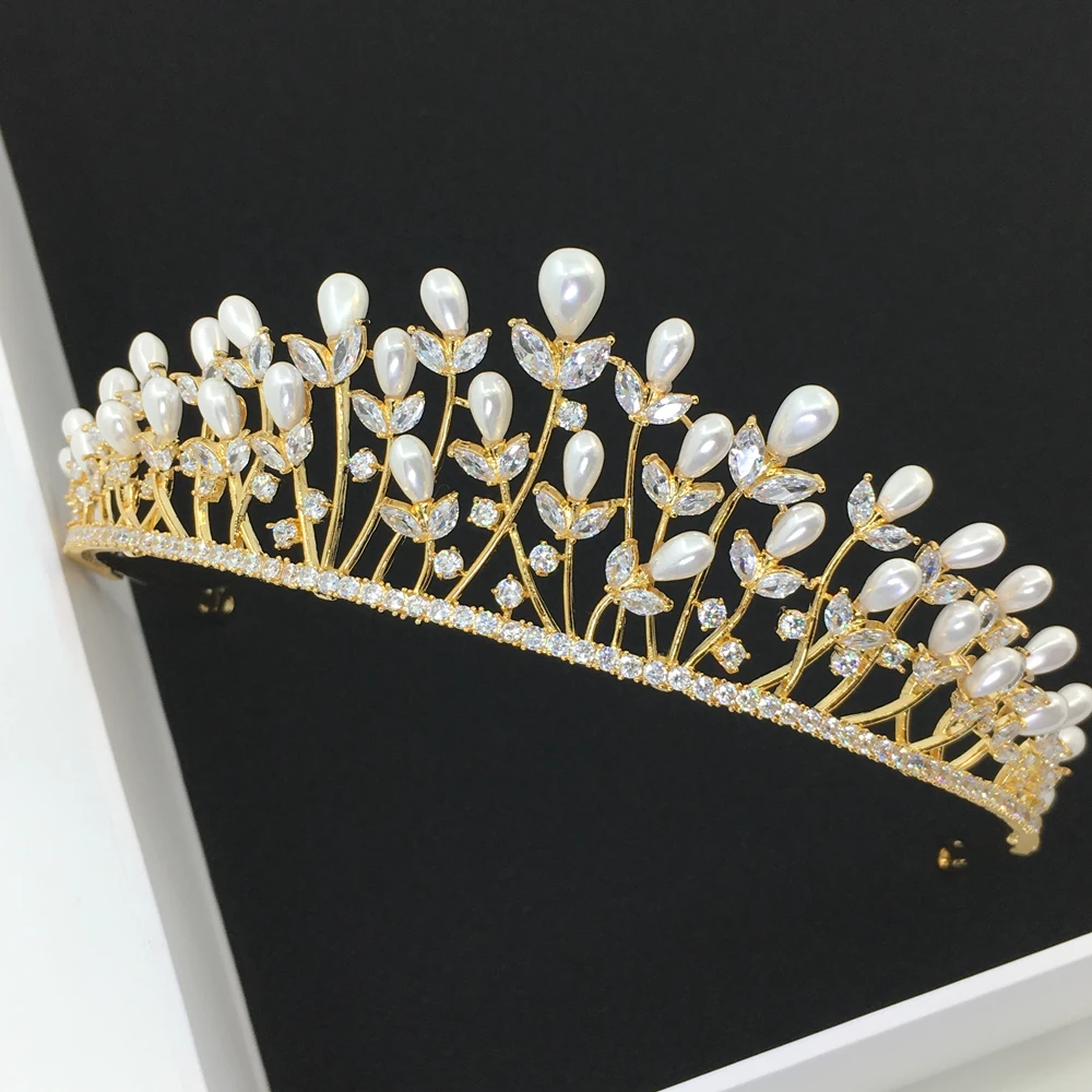 

Full Zircon Shell Pearl Tiara Headband Crown Jewelry Bride Headpiece Wedding Hair Accessories Headbands Bijoux Cheveux WIGO1027