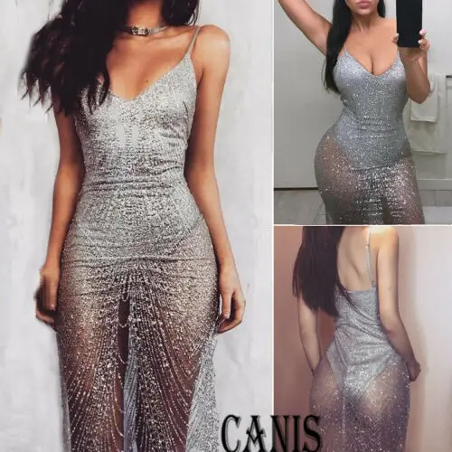 Summer Sexy Women Sequin Bodycon Evening Party Crystal Sling  Backless Midi Dress Charming Women Party Club Sexy Dress