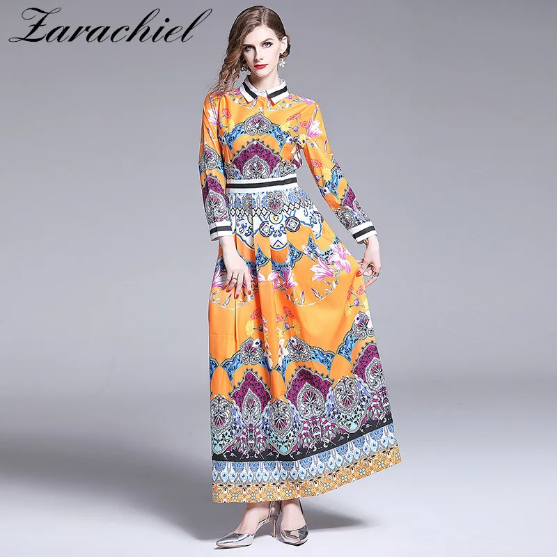 

2019 Autumn Casual Ankle-Length Maxi Dress Women Turn-Down Collar Shirt Charming Flower Printed Boho Holiday Vintage Long Dress