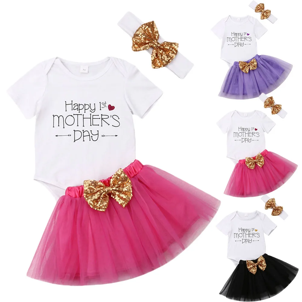Headband 3PCS Outfit Set Newborn Baby Girl 1st New Year Clothes Happy New Year Romper Skirt