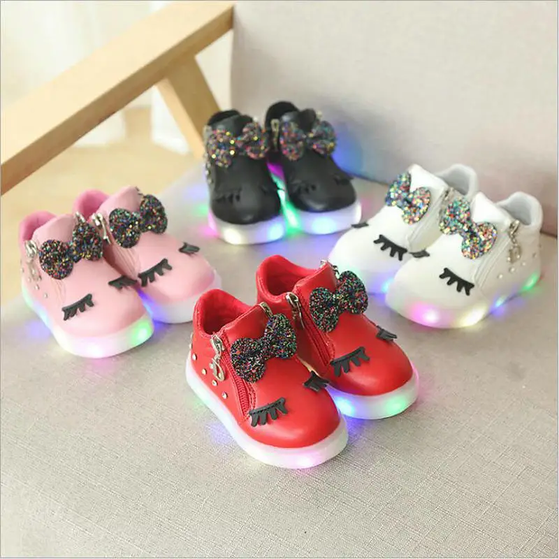 kids Glowing sneakers Baby Girls Bow Zip Crystal LED Light Children Luminous shoes Running Sport Shoes Little white shoes