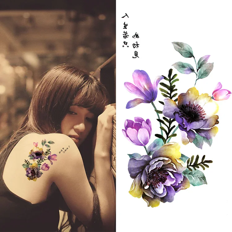 

Colorful big flower Chinese Body Art Waterproof Temporary watercolor painting For Woman Flash Tattoo Stickers 10*20CM KD1025