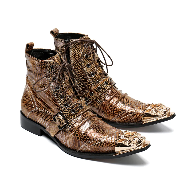 Couro Tornozelo Sapatas Picture Legal De Mens Dedo Até Do Top Cinta Militar Punk Ferro Apontado As High Cowboy Estilo Homens Rendas Botas Novo Dos RCYqII