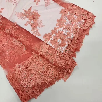 

Peach African Lace Fabric 2019 High Quality Lace Heavy African Guipure Cord Lace Fabric With lots of Stones For Nigerian Women