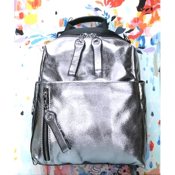 

metallic genuine leather backpack silvery colour cow leather backpack