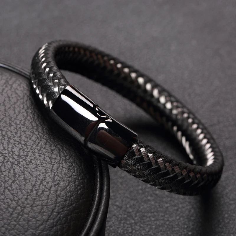 

New charm stainless steel men's leather braided bracelet magnetic buckle bracelet bangle Valentine's Day gift