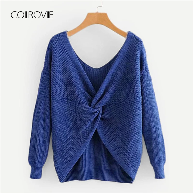 COLROVIE Blue V Neck Twist Casual Long Sleeve Sweater Women 2018 Autumn Streetwear Pullover Sexy Winter Female Jumper Sweaters