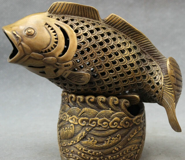 

JP S0608 8" Chinese Bronze Buddhism Wealth Coin Fish Head Statue Incense Burner Censer