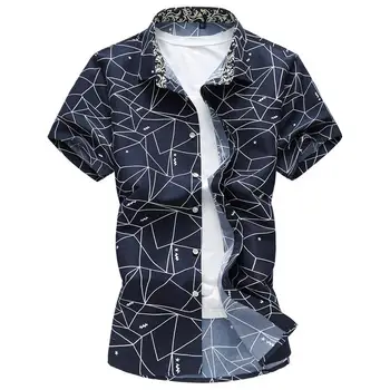 

Plaid Shirt Men Casual Dress Short sleeve Lapel Collar Blouse Men Hawaiian Shirt Sky Bblue White Navy