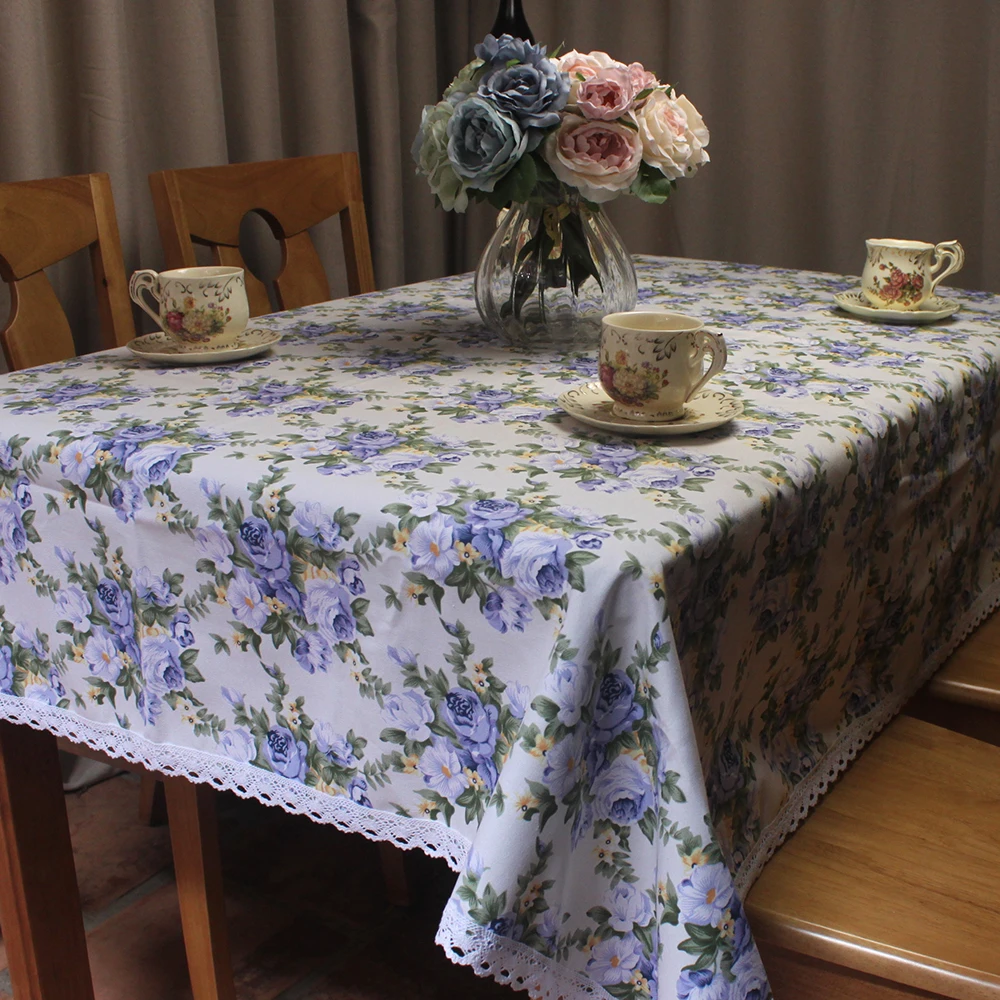 

CURCYA Blue Roses Cotton Table Cloth Rectangular for Dining Table Square Table Cover for Hotel Restaurant Tea Coffee Tables