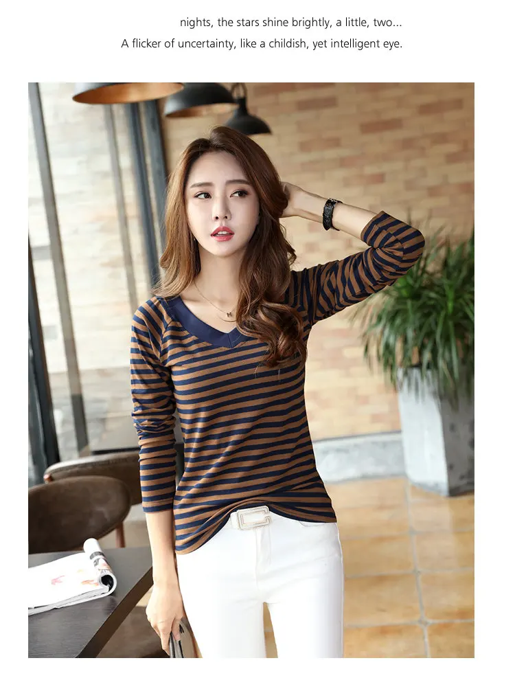 2019 Fashion Green Striped Tops Tees Women Casual Plus Size T-shirt V-neck Long Sleeve Raya Camisetas Mujer Autumn Tshirt Women (12)