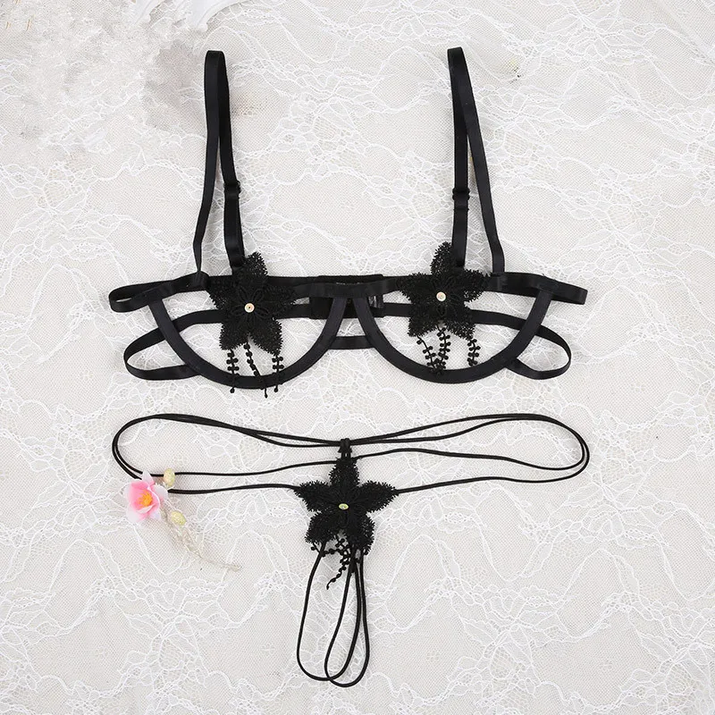 Open Bra Crotch Sexy Lingerie Set Erotic Lace Bra Set Sexy Nightgowns Embroidery Flower Bra With Crotchless G string Underwear Open Bra Crotch Sexy Lingerie Set Erotic Lace Bra Set Sexy Nightgowns Embroidery Flower Bra With Crotchless G string Underwear
