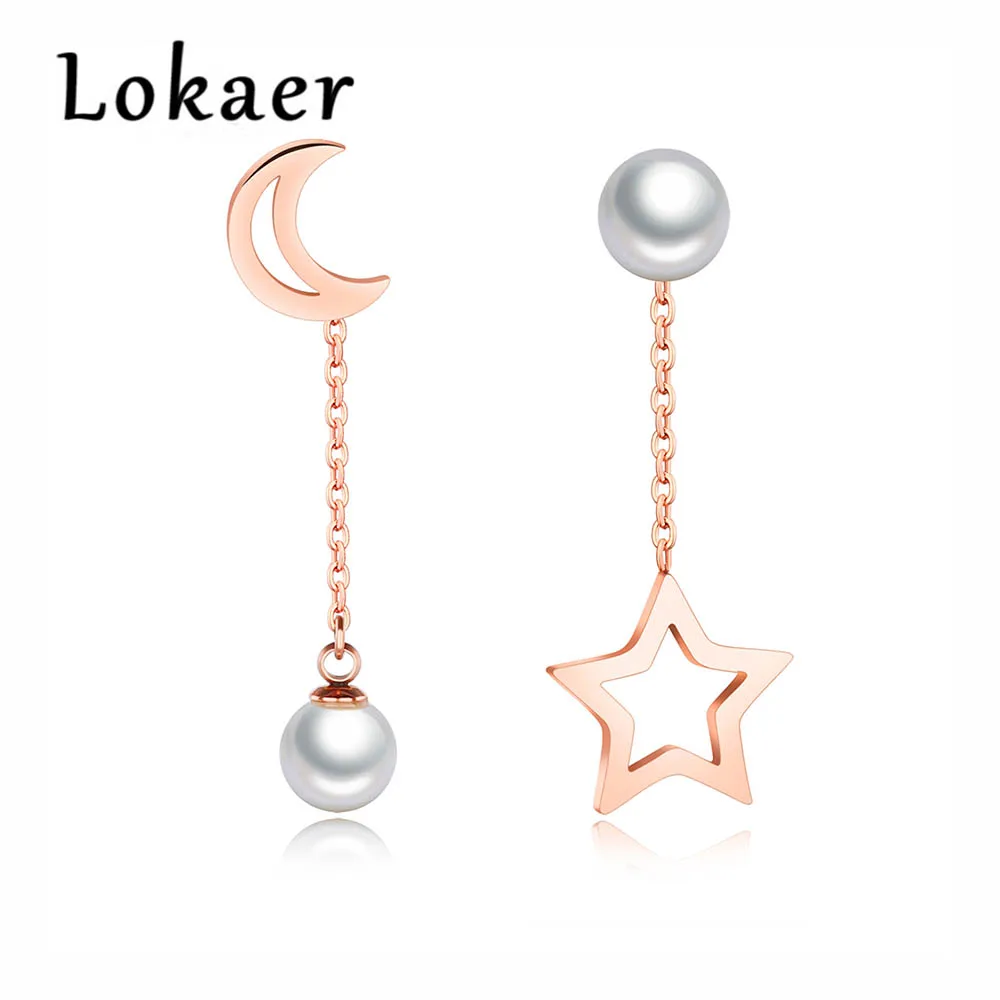 

Lokaer Fashion Hollow Star Moon Asymmetrical Long Earrings Rose Gold Color Temperament Simulated Pearl Dangle Earrings LGE399