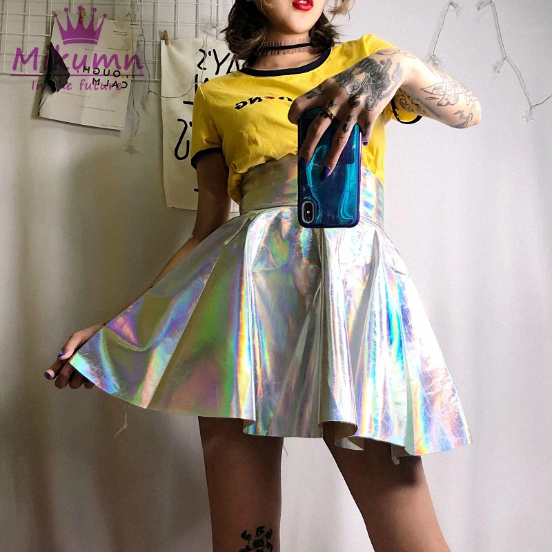 Womens Holographic Hologram High Waist Silver Punk Shiny Harajuku Skirt Sweet