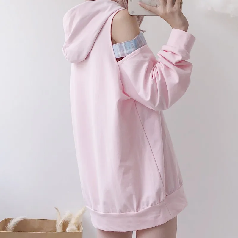  Japan Cosplay Kawaii Hoodies Harajuku Lolita Cute Off Shoulder Plaid Women Pink Sweatshirts Fashion