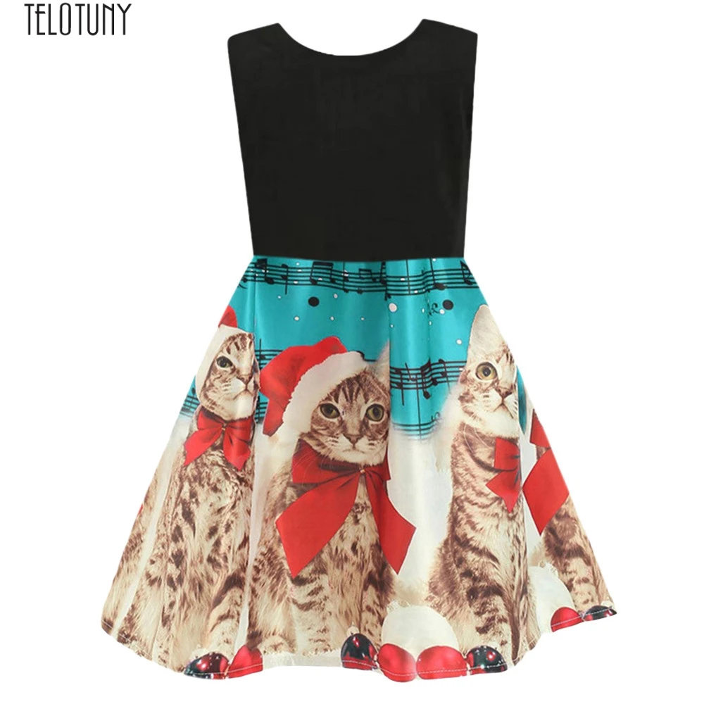 

TELOTUNY New Year Christmas girls princess dress Toddlr Baby Girls Cartoon Cat Printed Princess Dress Outfits Clothes Z1122