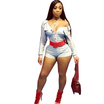

2019 Sequins Clothes V Neck Off Shoulder Bandage Jumpsuit Buttons Turn Down Collar Long Sleeve Pockets Overall Club Playsuit