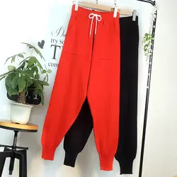Новые корейские вязаные брюки женские весенние свободные трикотажные двойные карманные брюки Hallen брюки оверсайз брюки Studnet морские брюки