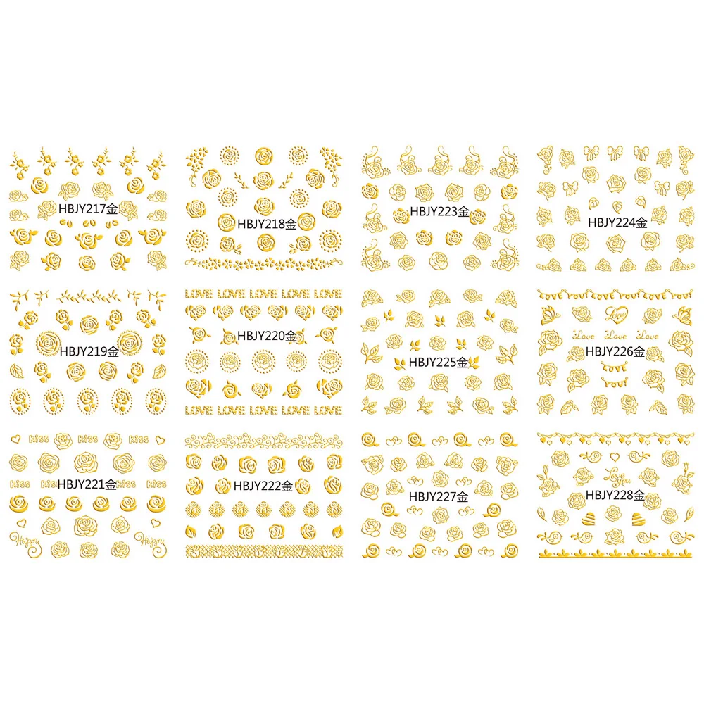 

12 SHEETS NAIL ART 3D SELF ADHESIVE GOLD SILVER BLACK WHITE STICKER DECAL SLIDER FLOWER JASMINE ROSE LILAC HBJY217-228