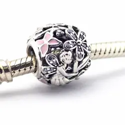 Подходит для Pandora талисманы браслеты 925 пробы 100% серебряные ювелирные изделия ослепительно ромашка Фея бусины с розовой эмалью и CZ беспла