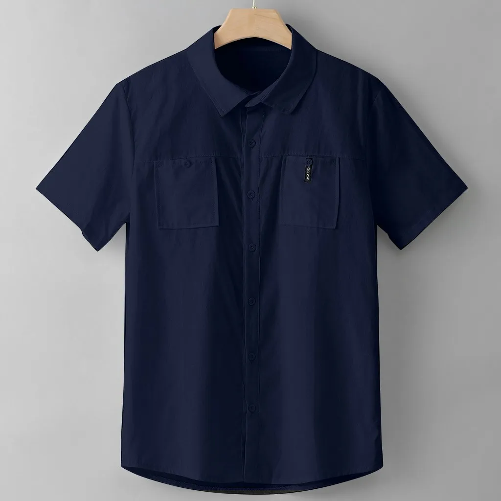 

Men's solid color cotton linen shirt Slim short-sleeved skirt shirt jacket pocket stand collar gentleman button men's shirt#p2